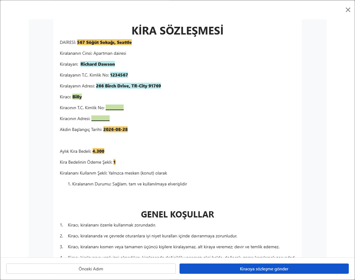 Sözleşmeyi ön izleyin ve imzalamak için kiracıya gönderin