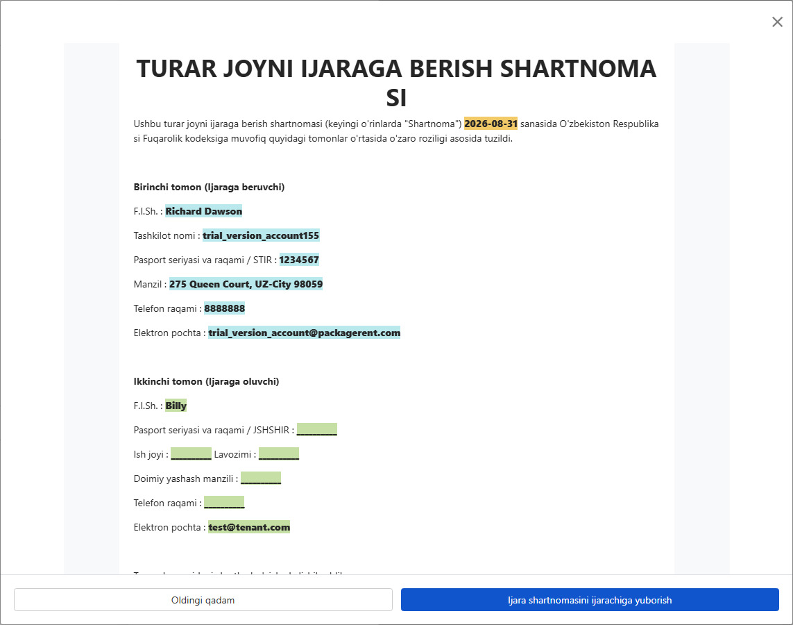 Shartnomani oldindan ko'rib kiruvchiga imzo uchun yuboring