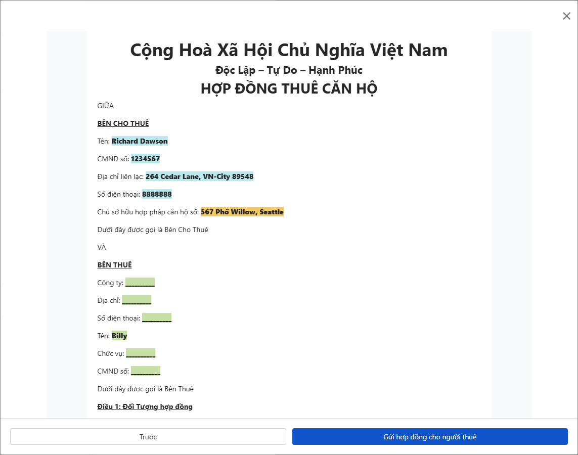 Xem trước và gửi hợp đồng cho người thuê ký