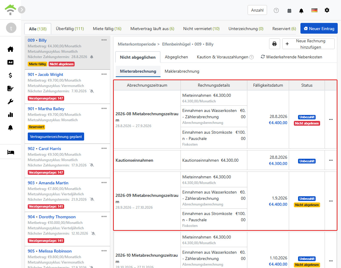 Mieterabrechnung Tab: Vom System automatisch erstellte Mietperioden und Kautionsabrechnungen