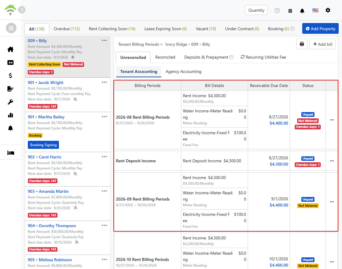 Tenant Billing Tab: Auto-Generated Rent and Deposit Cycles