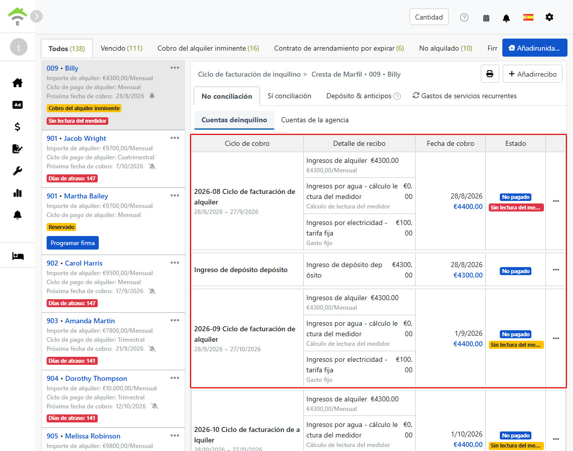 Pestaña de finanzas del inquilino: periodos de renta y depósito generados automáticamente por el sistema