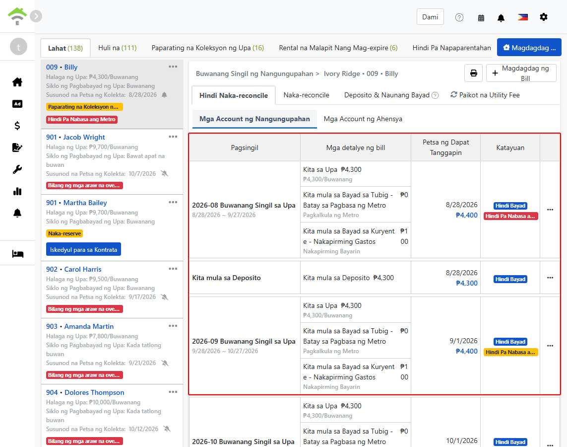 Tenant Billing Tab: Awtomatikong Nabuo na Rental Billing Cycle at Deposit Billing