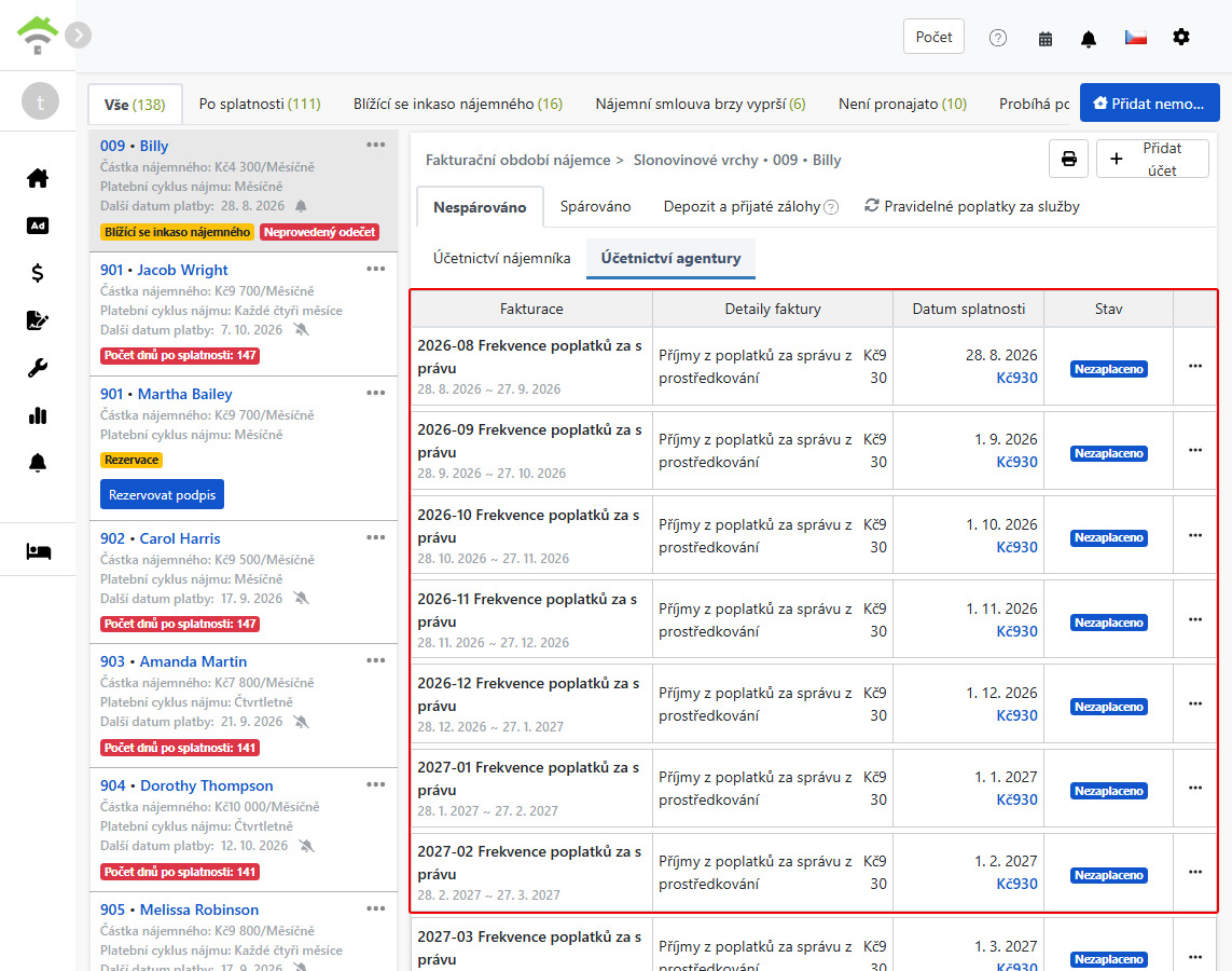 Záložka účtů realitní agentury: Systém automaticky generuje periodické účty za správu.