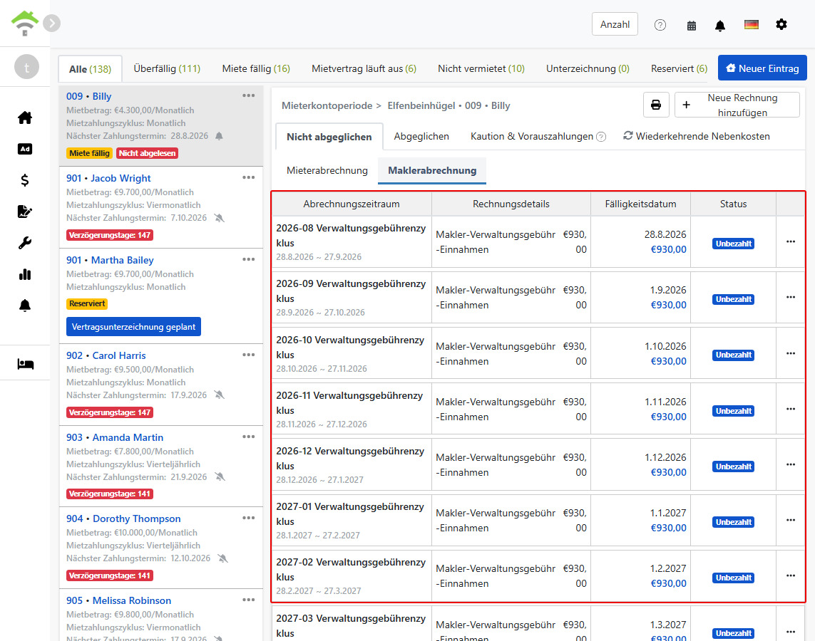 Agenturabrechnung Tab: Vom System automatisch erstellte periodische Verwaltungskostenabrechnungen