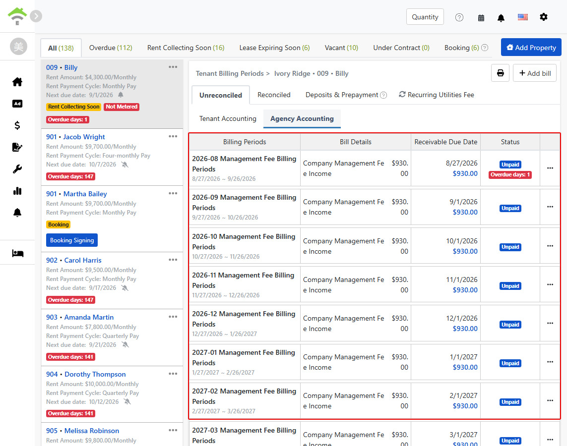 Agent Ledger Tab: System-generated periodic management fee billing cycle