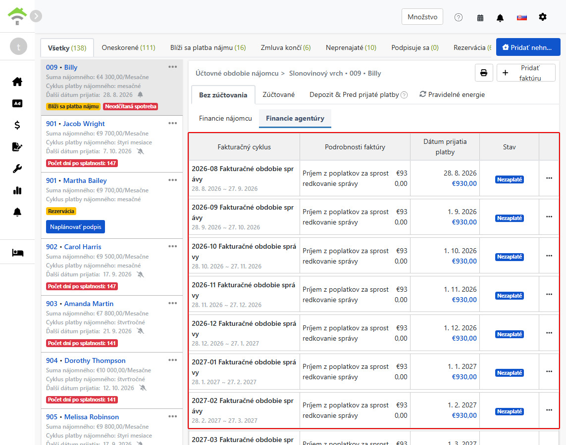 Karta Fakturácia agentúry: Systémom automaticky vygenerované cyklické poplatky za správu.