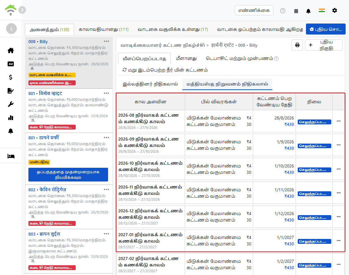 மேலாளி நிறுவன கணக்குகள் தாவலைக் காண்க: சுய இயக்க நிர்வாகக் கட்டண பட்டியல்