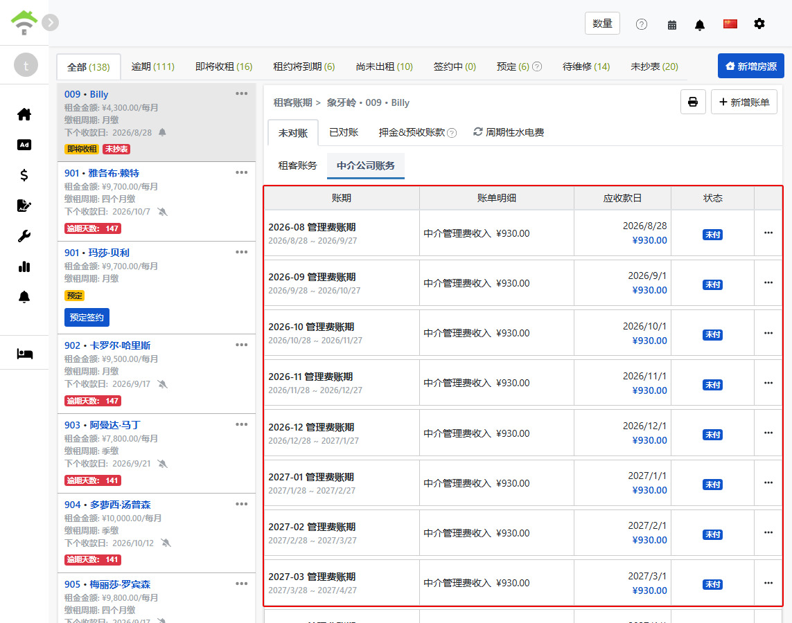 中介公司账务页签：系统自动产生的周期性管理费账期
