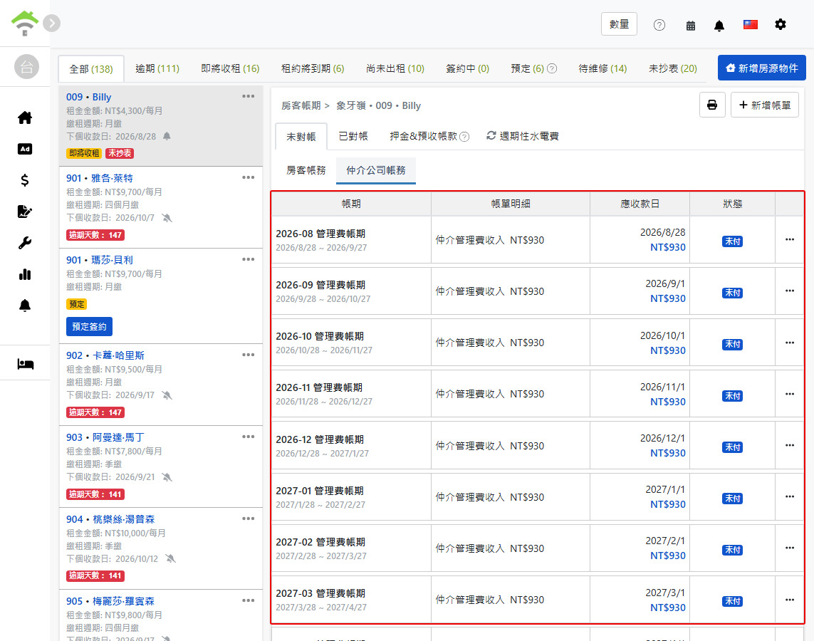 仲介公司帳務頁籤：系統自動產生的週期性管理費帳期
