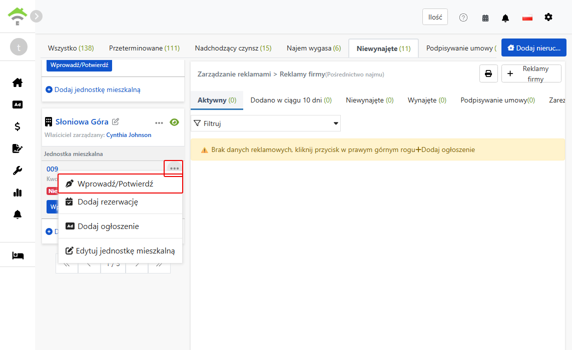 Wejście do menu wprowadzenia/podpisania umowy w jednostce pokój