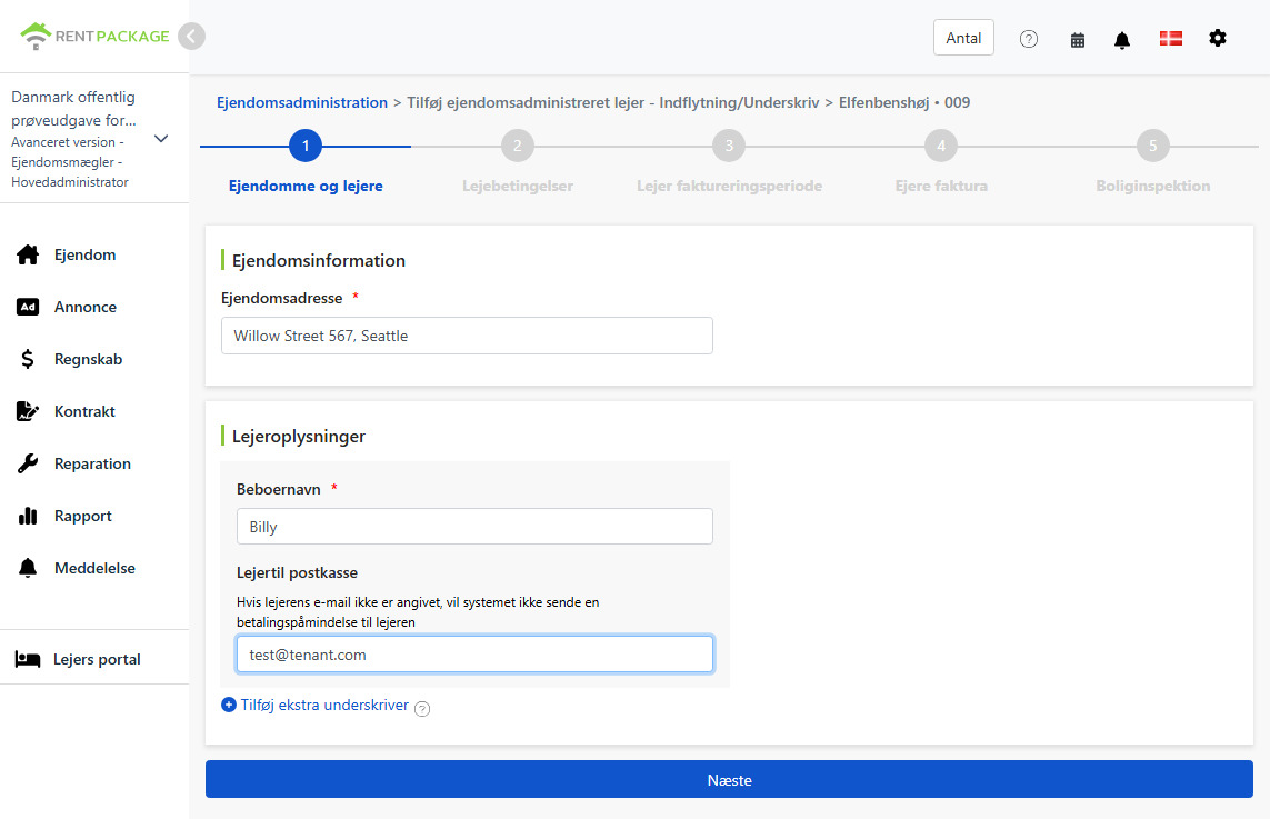 Indtast lejerens navn og e-mail