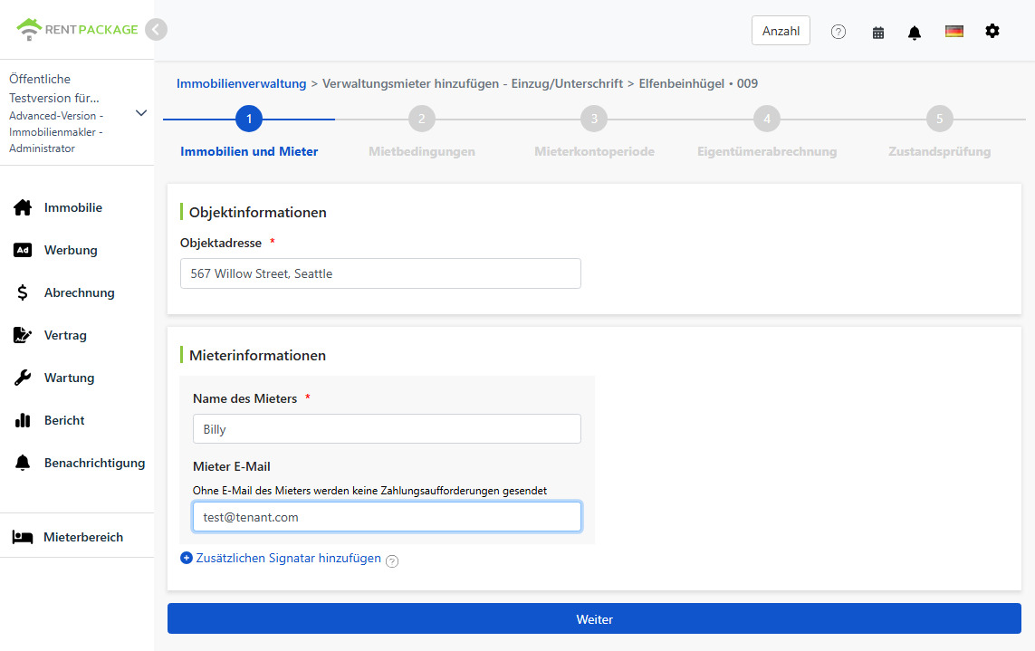 Mietername und E-Mail eintragen