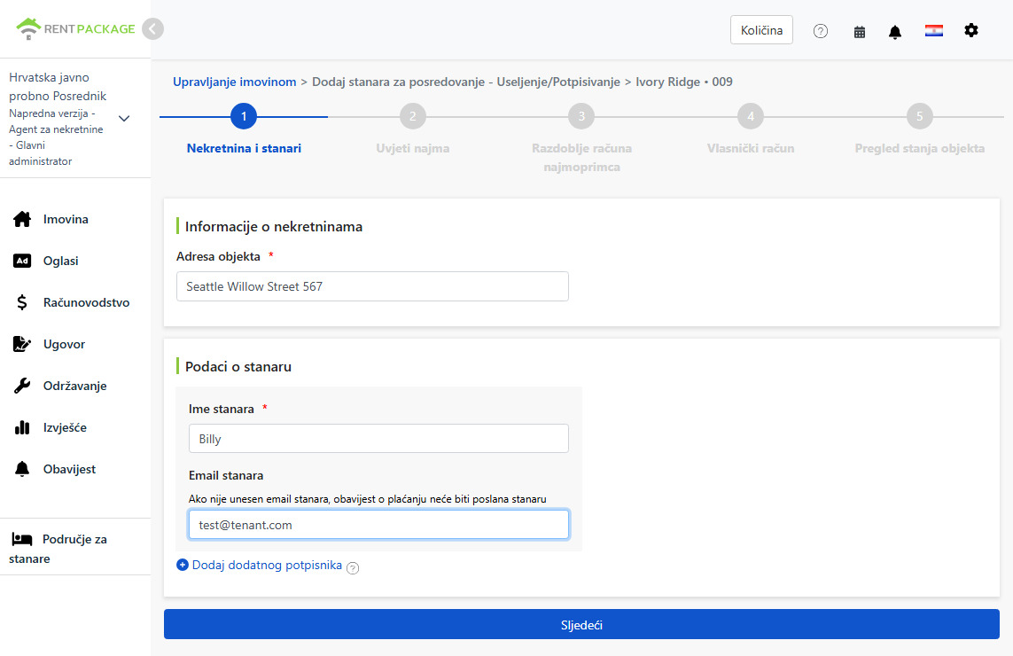 Unesite ime stanara i email