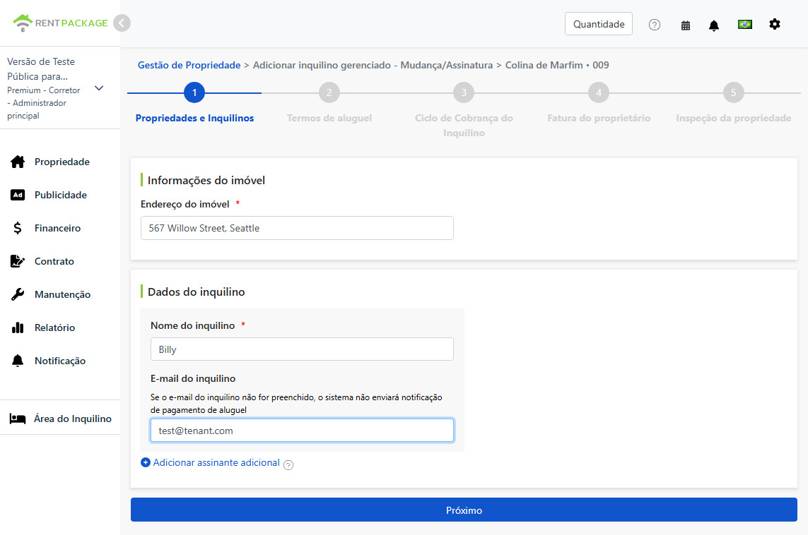 Preencha o nome e Email do inquilino