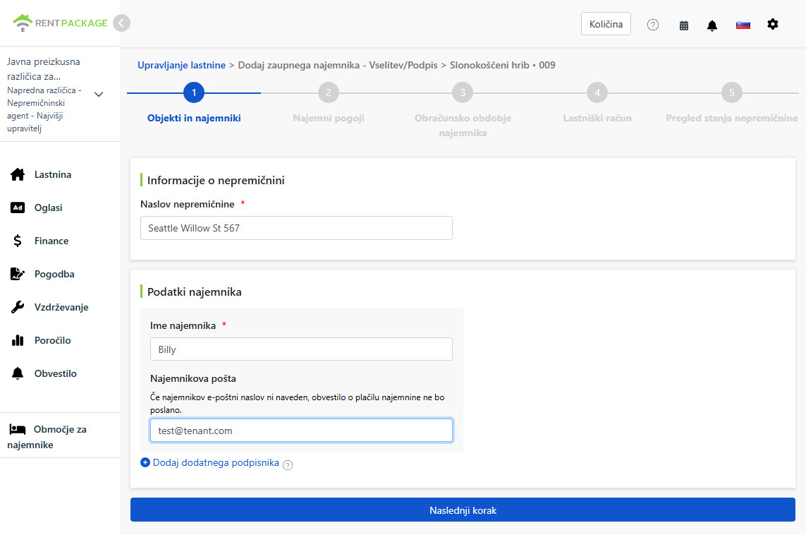 Vnesite ime in e-pošto najemnika
