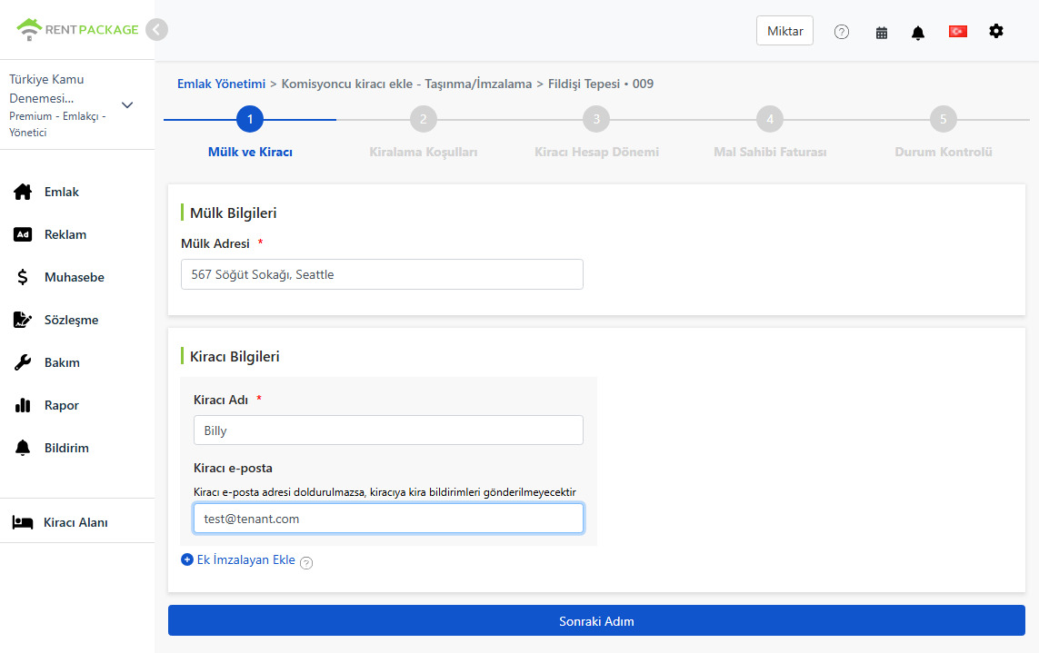Kiracı adı ve email adresini girin