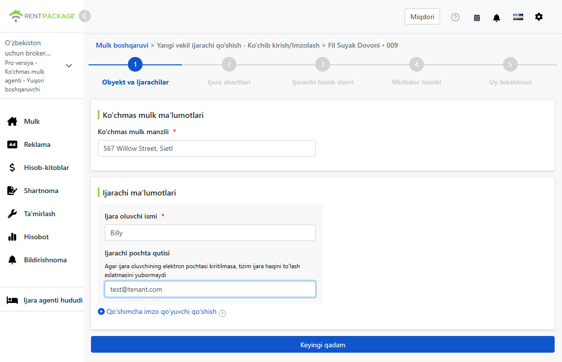 Ijarachining ismi va Emailini kiriting