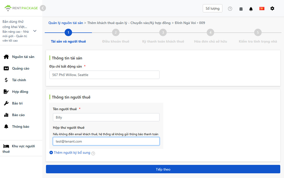 Nhập tên và Email của người thuê