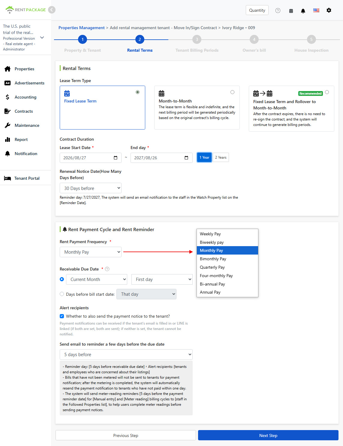 Lease Terms: Lease Type, Term, Payment Cycle, and Reminder Settings