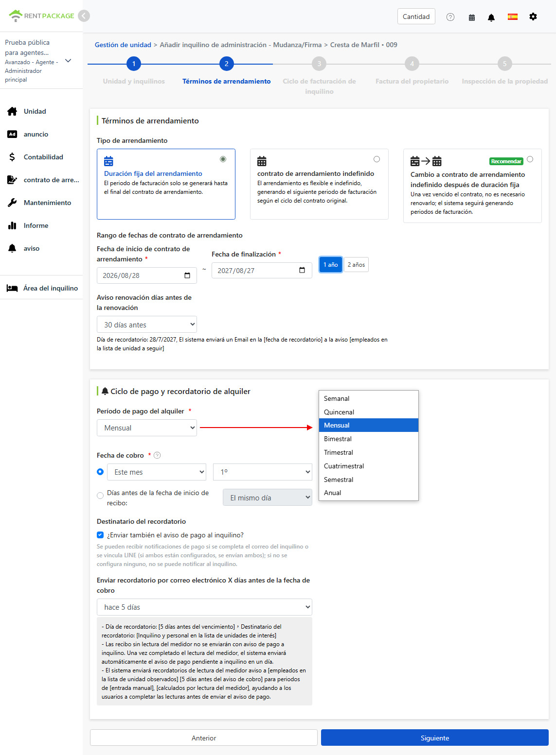 Términos de arrendamiento: tipo de contrato, duración, ciclo de pago y configuración de recordatorios