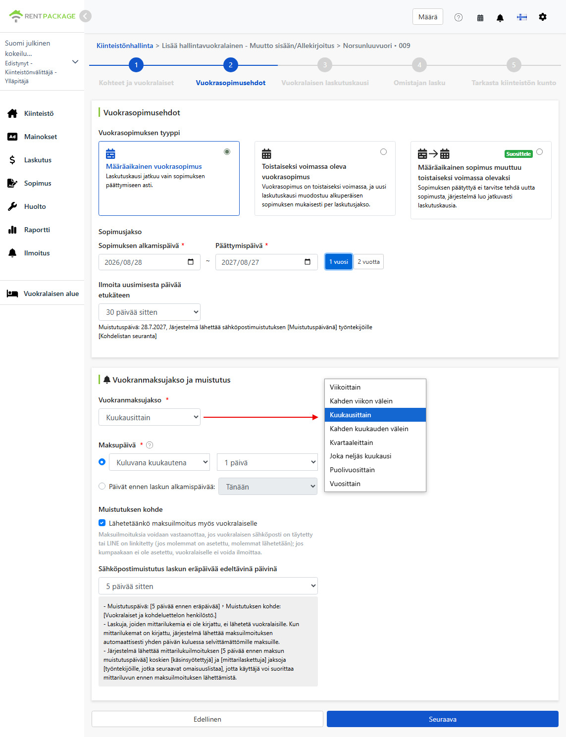 Vuokrasopimusehdot: Sopimustyyppi, vuokrakausi, maksujakso ja muistutusasetukset