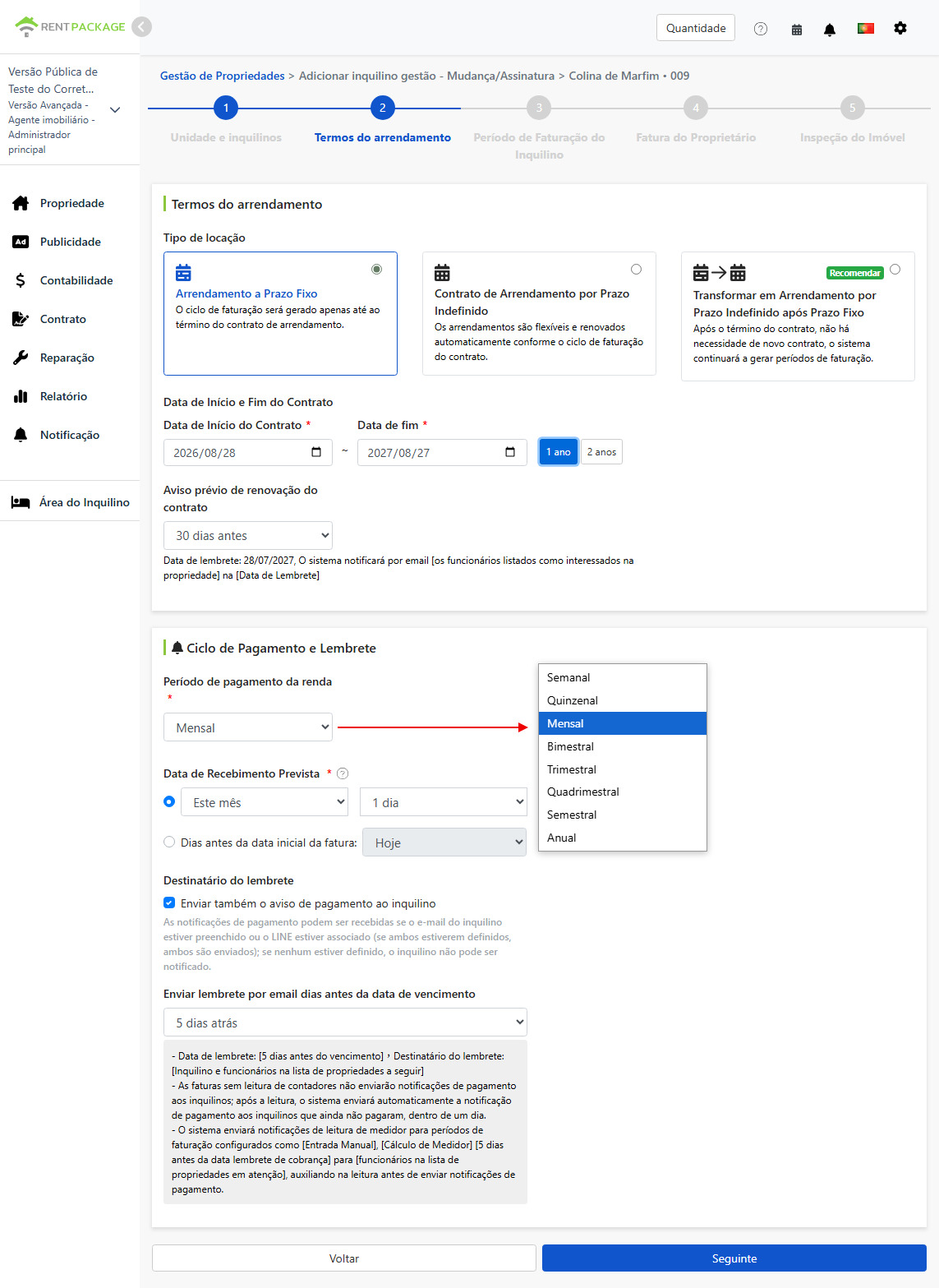 Termos de Arrendamento: Tipo de Contrato, Duração, Ciclo de Pagamento e Configuração de Lembretes