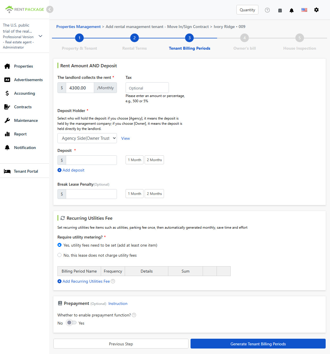 Rent, Tax, Deposit Holder, and Penalty Settings