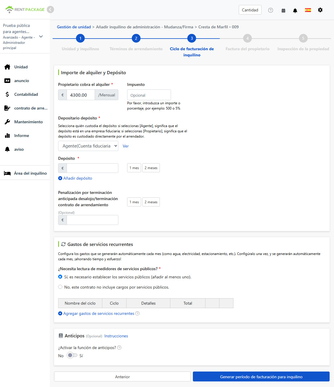 Configuración de renta, impuesto, custodio del depósito y penalización por incumplimiento.