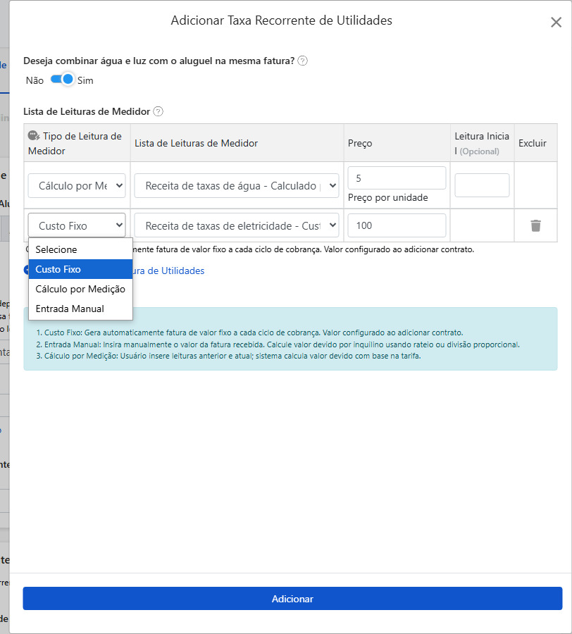 Configuração de Despesas Periódicas: Três Métodos de Cobrança e Interruptor de Fatura Combinada