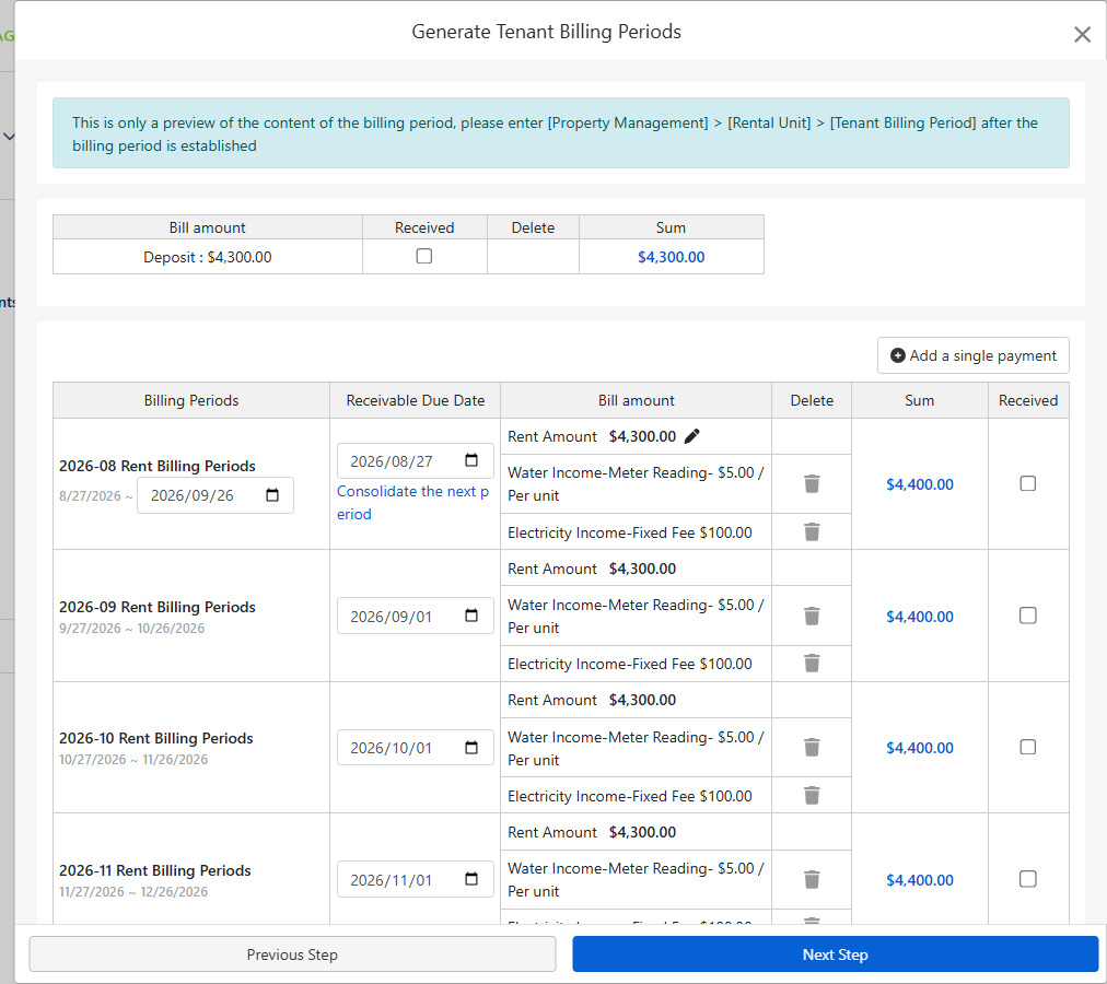 Generate Tenant Billing Preview: Deposit, Rent, Utilities