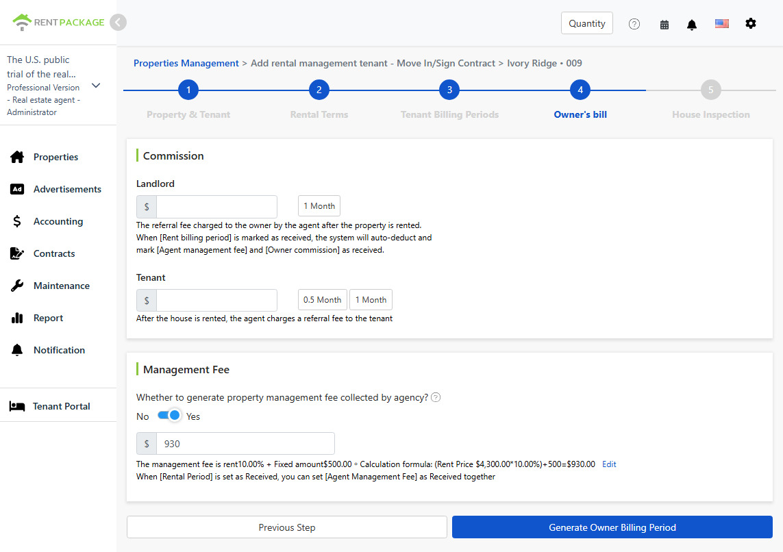 Owner Billing Setup: Commissions and Management Fees for Owner and Tenant