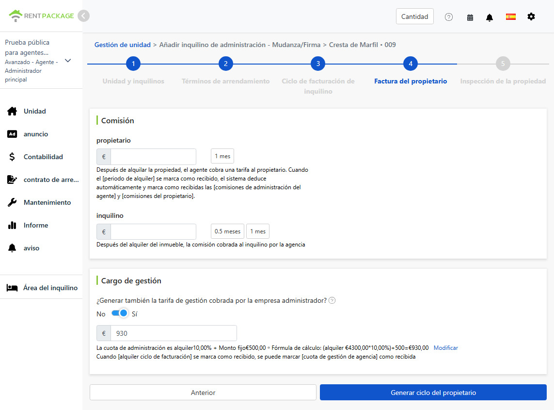 Configuración del periodo de facturación del propietario: cobro de comisión y tarifa de gestión al propietario y al inquilino