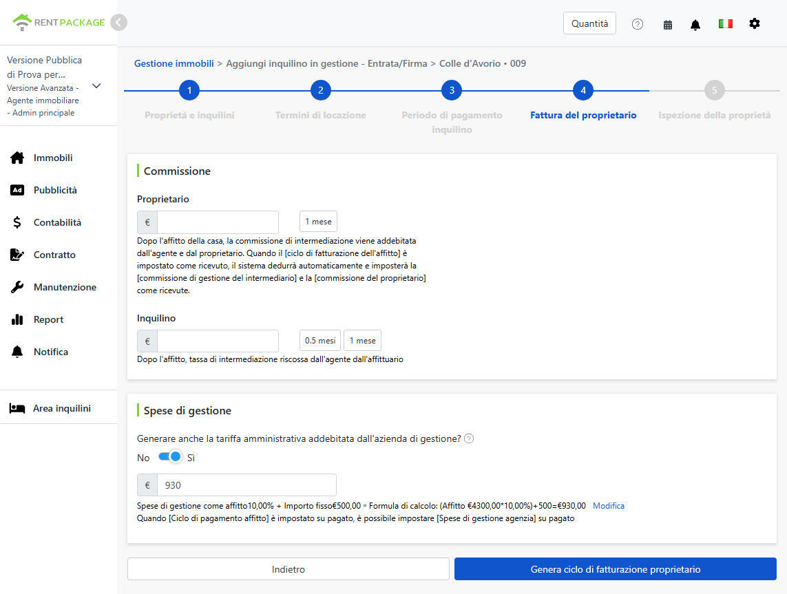 Impostazioni fatture del proprietario: Commissioni e spese di gestione per proprietari e inquilini.