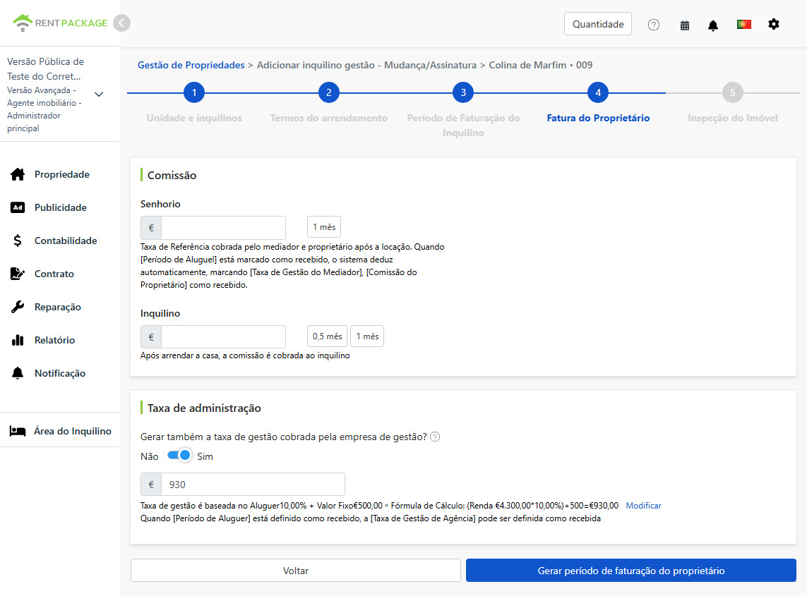 Configuração do Período de Conta do Proprietário: Comissões e Taxas de Gestão cobrada ao Proprietário/Inquilino