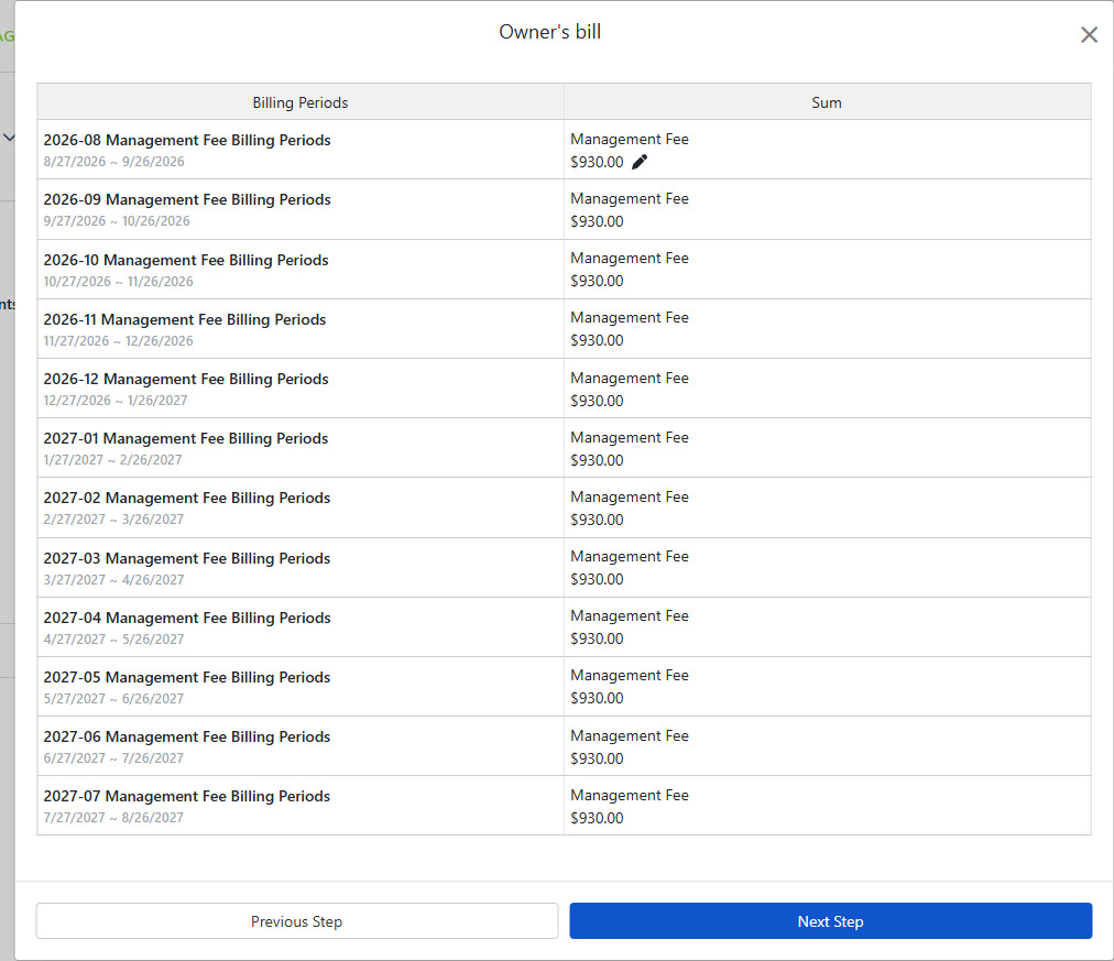 Generated Owner Billing List: Each Management Fee Editable