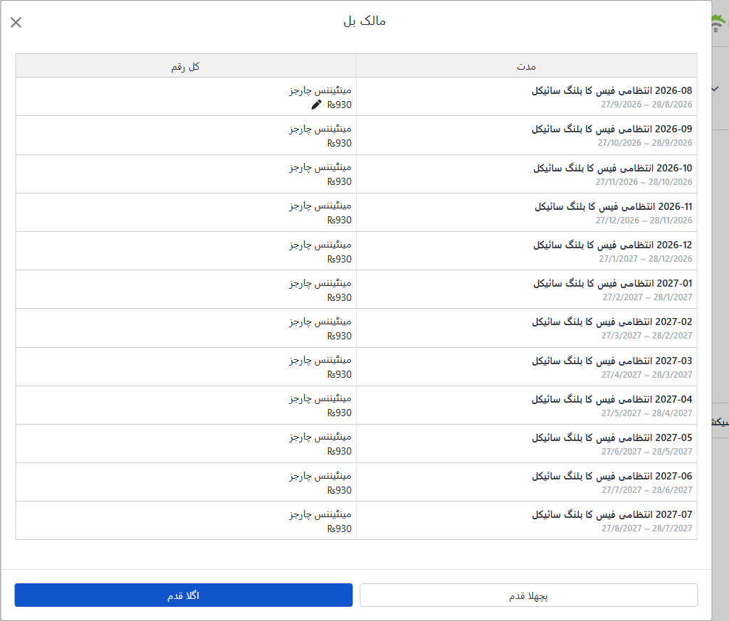 تیار کردہ مالک اکاؤنٹ کی فہرست: ہر قسط کی مینجمنٹ فیس انفرادی طور پر ترمیم کی جا سکتی ہے