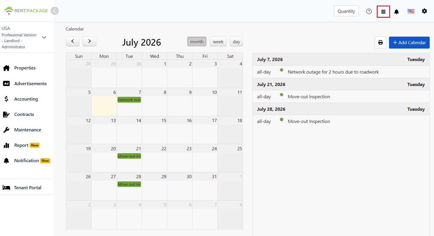 Main calendar screen with the calendar icon highlighted in the top right red box, and the right side listing monthly schedules by date.