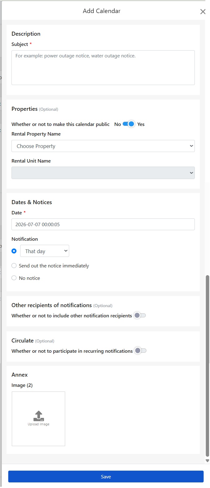 Add calendar window includes fields for subject, property, date and notification, other recipients, recurring notifications, and attachments.