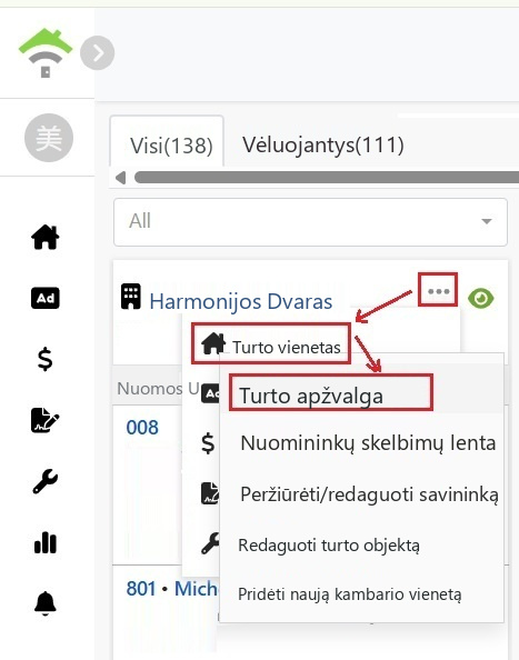 Kortelės meniu pasirinkti turtą, tada spustelėti turto apžvalgą