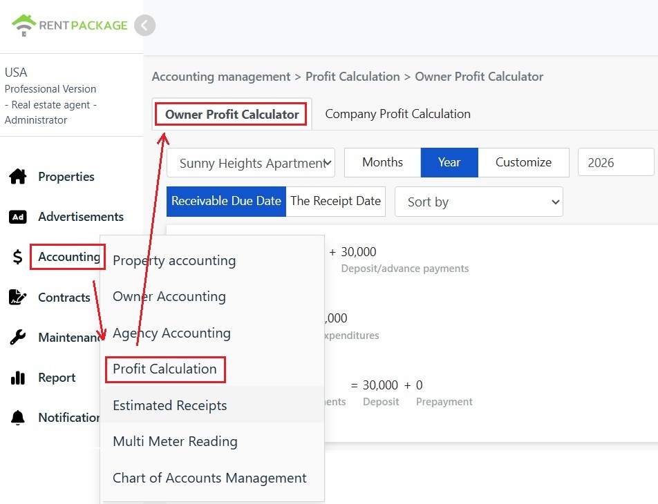Select Profit Calculation from the Accounting menu to enter the Owner Profit Calculation tab.