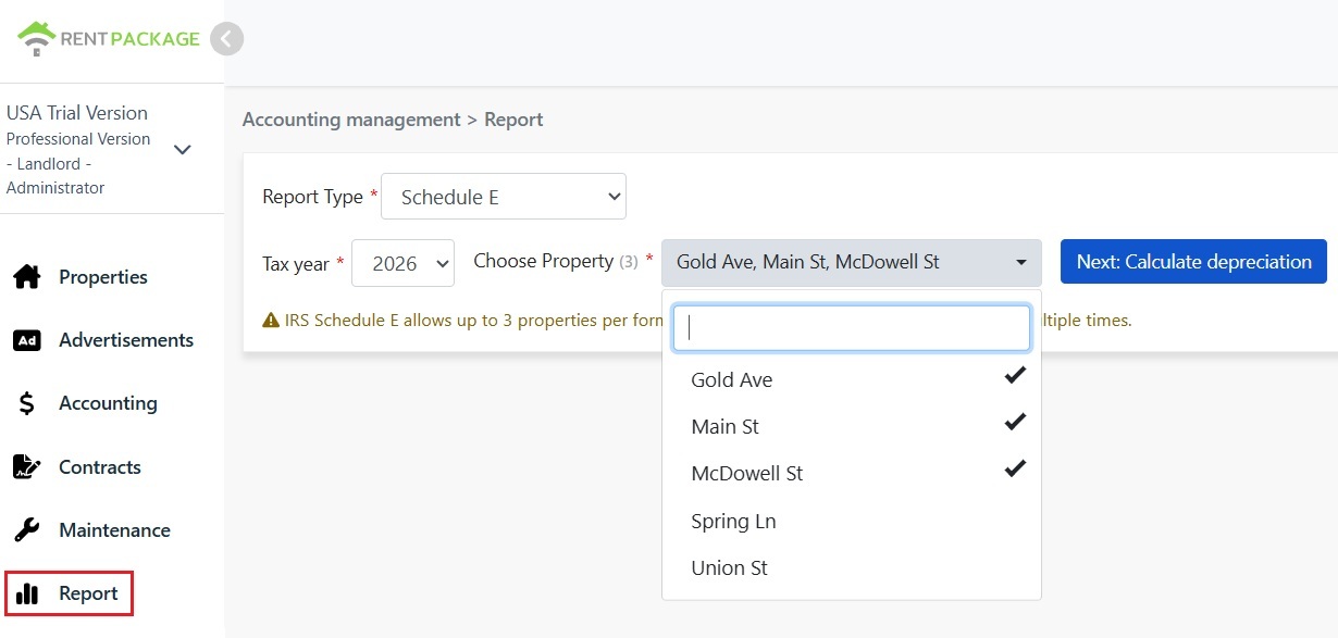Choose Schedule E as the report type.