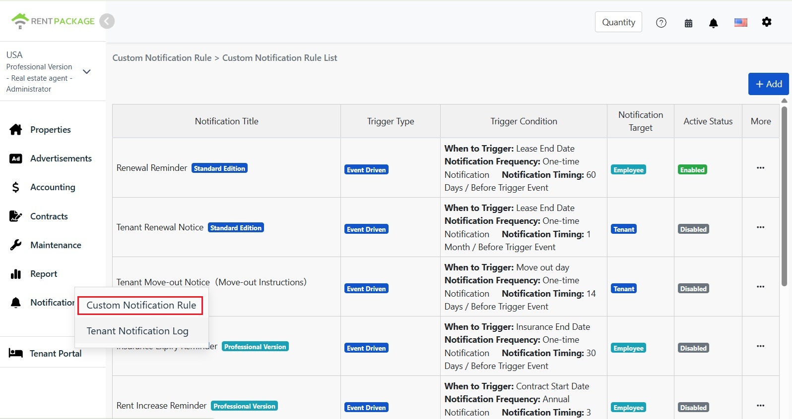 'Custom Notification Rules' entry and rule list in the notification menu