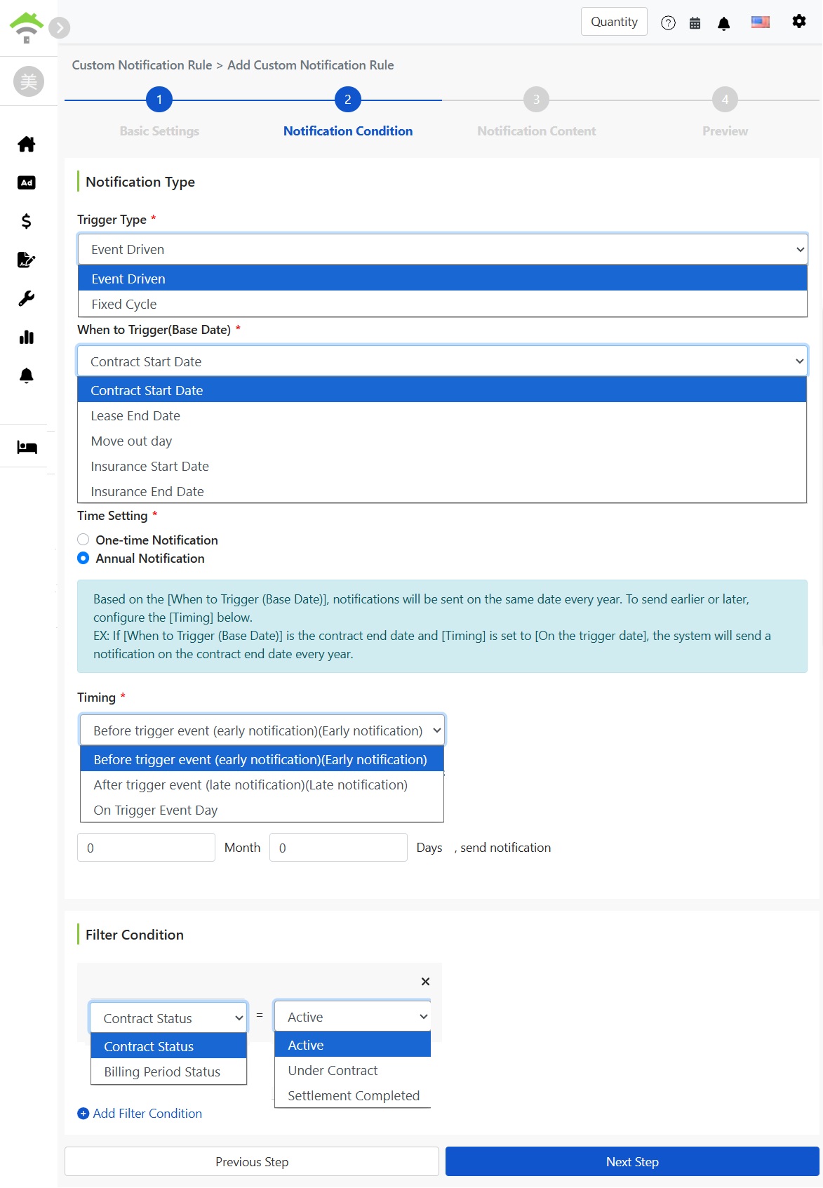 Notification Conditions: Trigger Type, Reference Date, Time Setting, Send Timing, and Filter Conditions