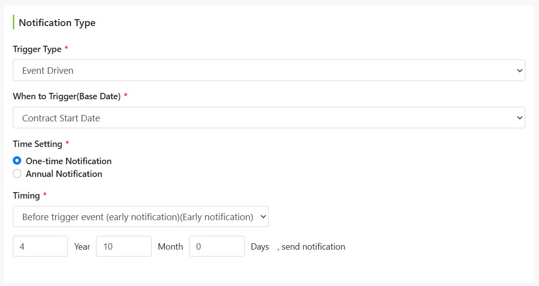 Send Timing Setting Example: Advance Notice Based on Contract Start Date