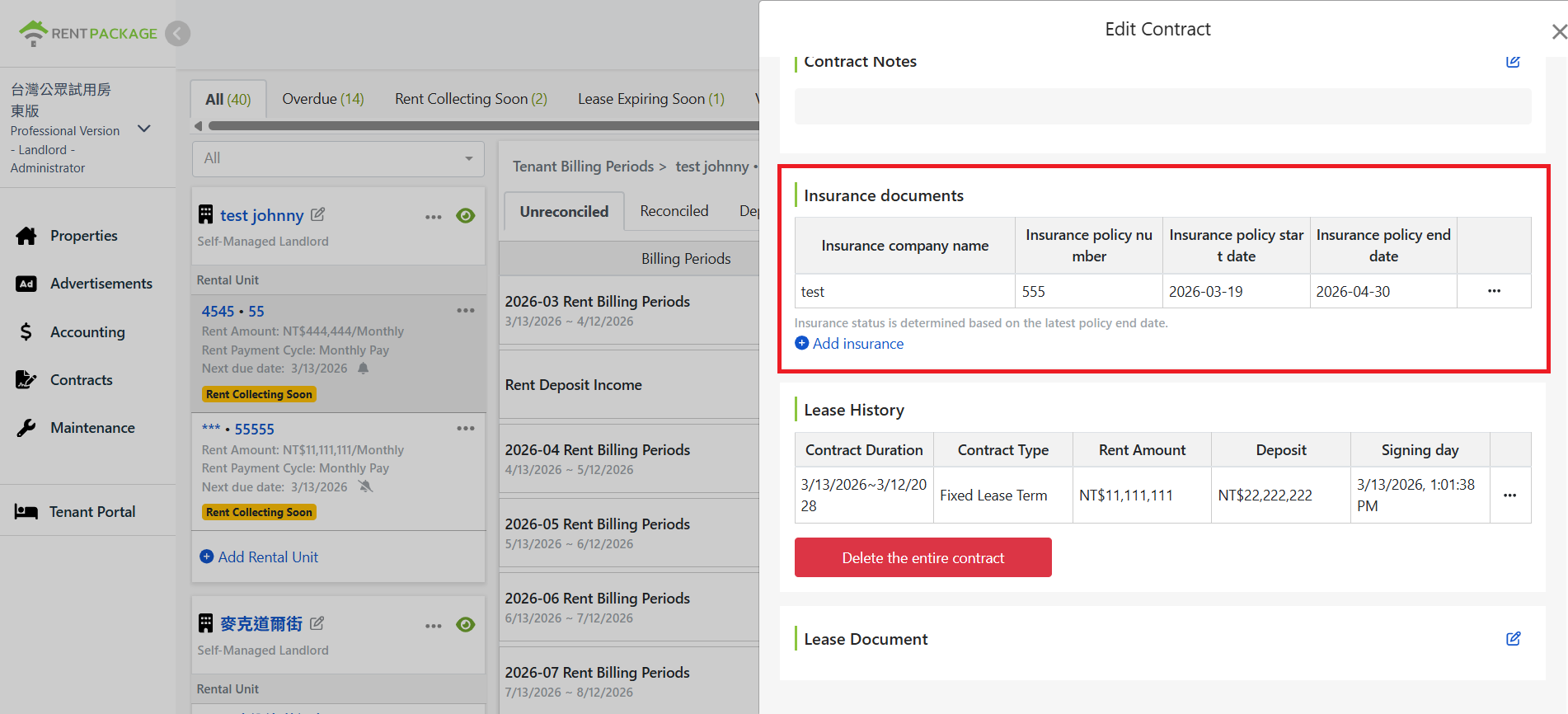 Insurance documents section on the Edit Contract page displays existing insurance details