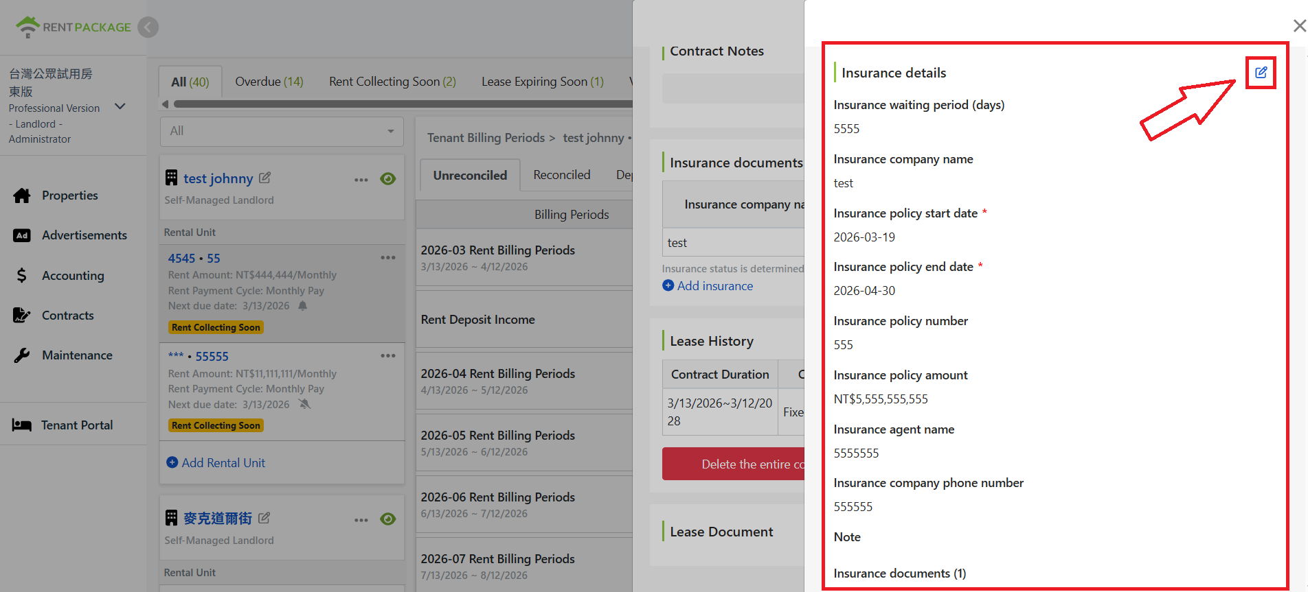 Insurance details window and top-right edit icon