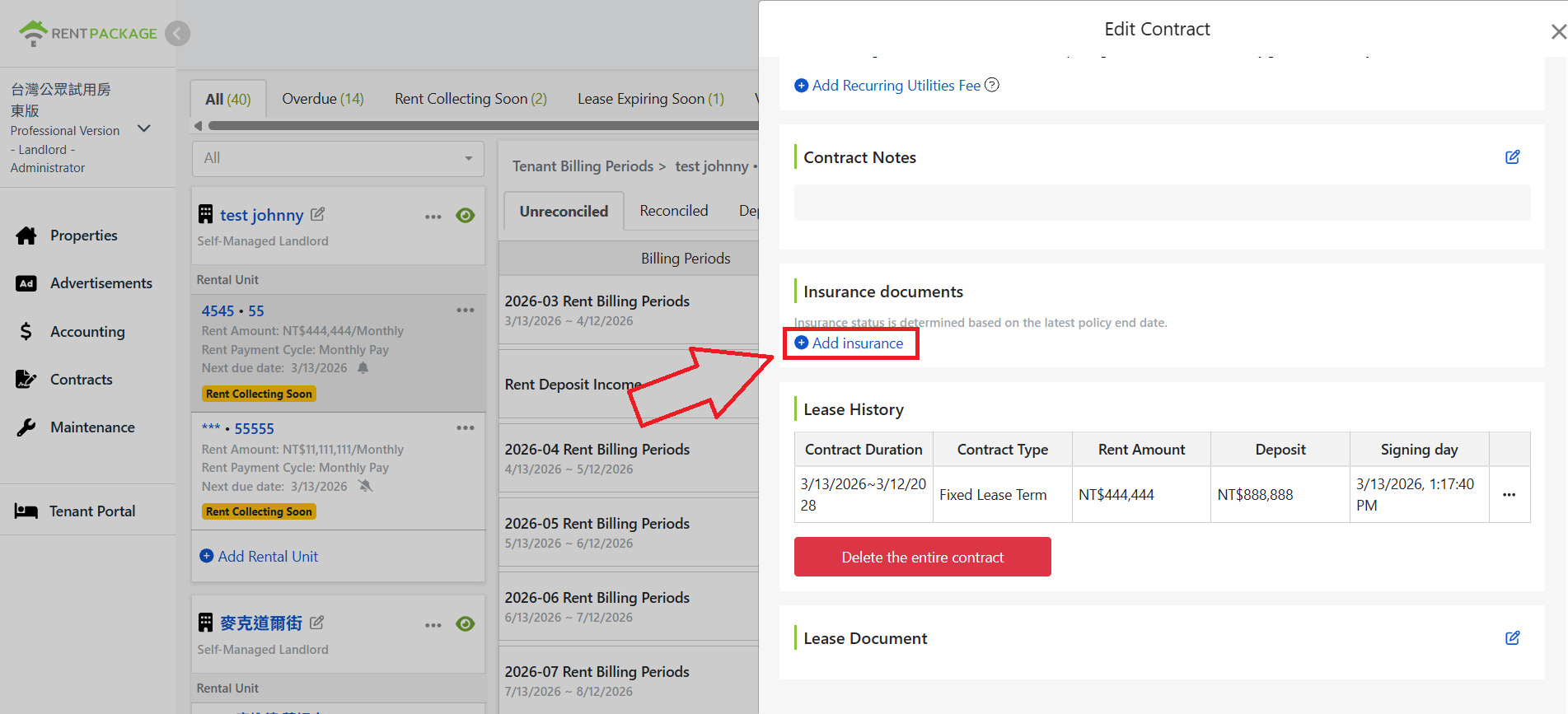 Add Insurance button in the Insurance Documents section