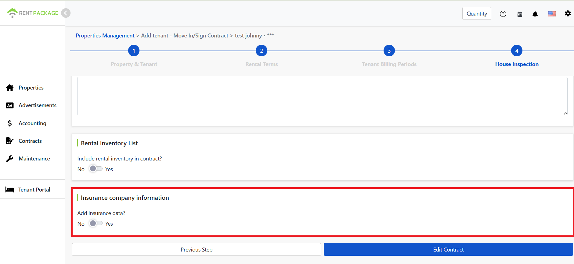 Insurance company info and toggle on the Inspection page
