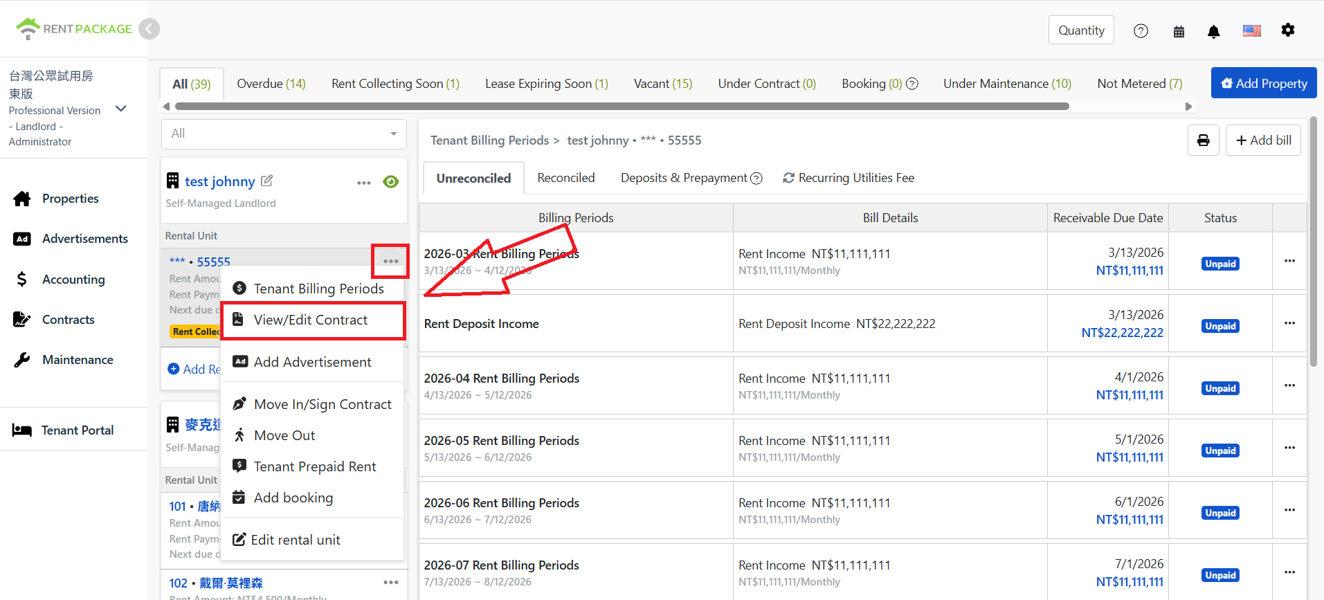 Access view/edit contract in the property listing's more menu